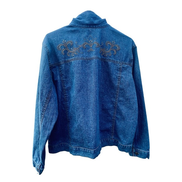 Embellished Blue Denim Jean Jacket Women’s Size Large w. Gold Dotted Design - Picture 5 of 5